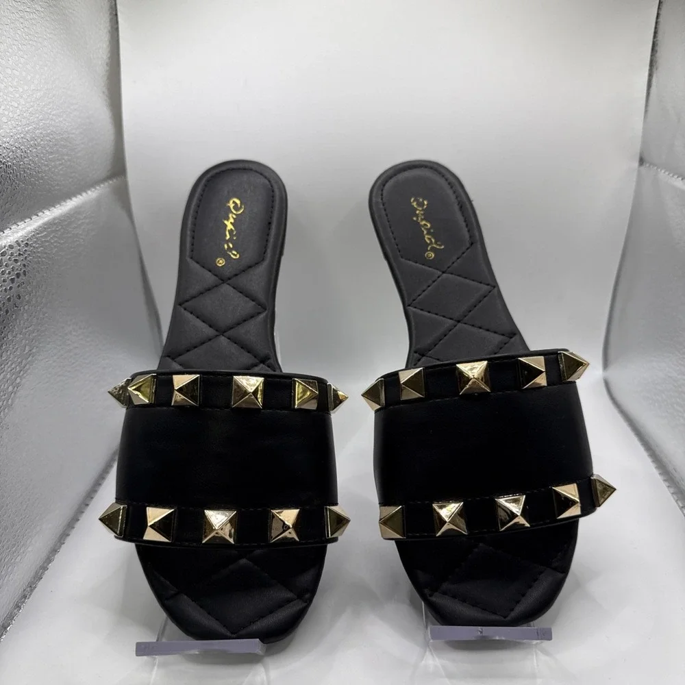 Black Quilted Slip-On Studded Sandals With Gold Studs By‎ Qupid Womens Size 8